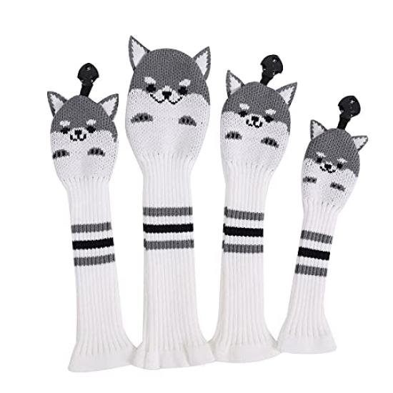Golf Headcover Set 2 Fairway with Knitted Covers and Akita Dog Design 4-Piece (Driver/Wood, Woods/Hybrid/UT) (Beige)