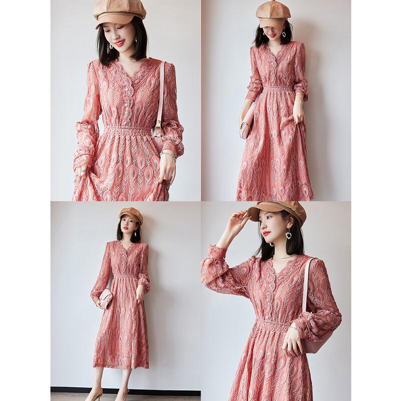 Demana Retro Lace French V-Neck Puff Sleeve Midi Dress