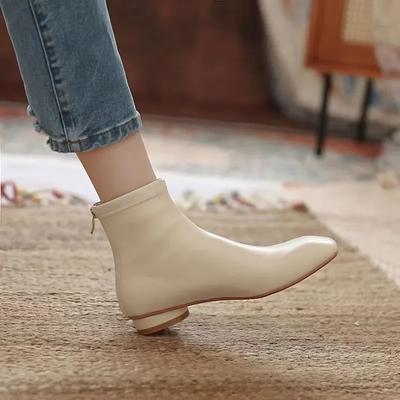 Fashion Women Soft Leather Ankle Boots Square Toe Round Mid Heel Zipper Fashion Short Boot Autumn Winter Ladies Shoes Beige Retro Boots