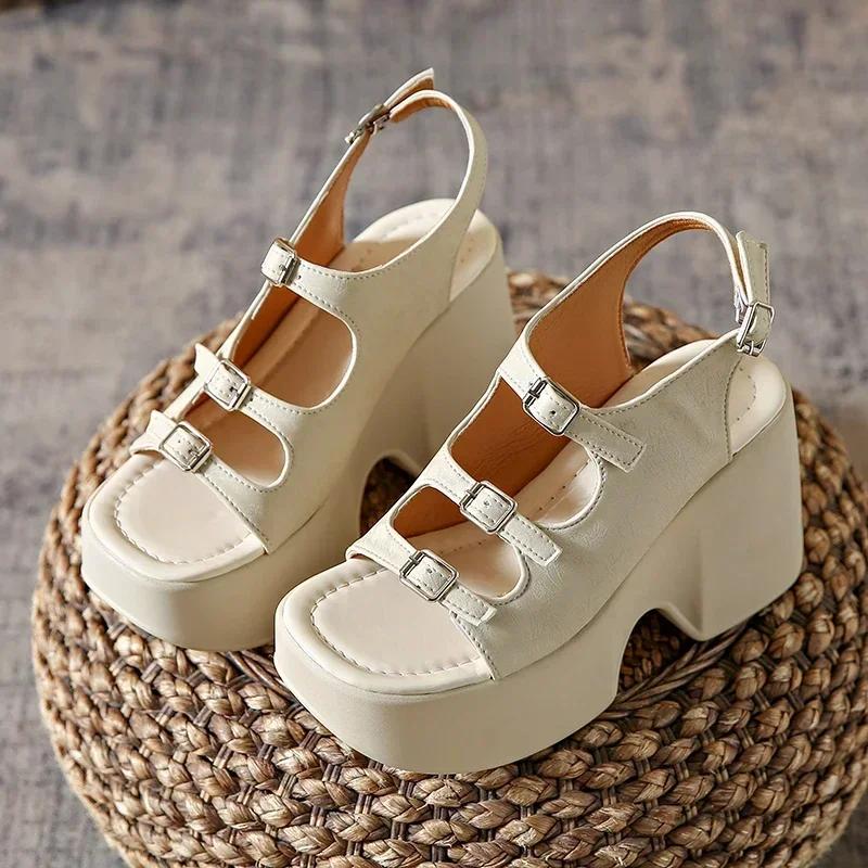 Roman Slope Heel Sandals for Women 2024 Summer New Hollow Thick  Open Toe Casual One Line Buckle High Shoes Sandalias Mujer 2024