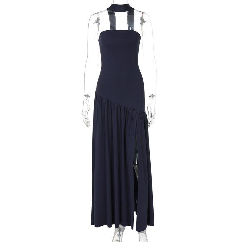

and American Cross-Border New Fashion Women s Clothing, Stylish and Elegant Tube Top Slim Fit Solid Color Slit Backless Dress with Elegant Ribbons Dark Blue L