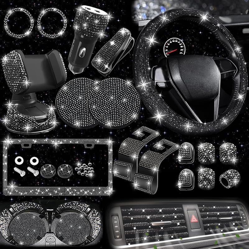 NBTEPEM 27-Piece Bling Car Accessories Set - Universal Fit Steering Wheel Covers, License Plate Frames, Phone Holder, Car Fast Charger, Coasters