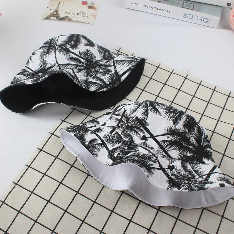 Bavlnený letný rybársky slnečný klobúk unisex obojstranná potlač čierna kokosová palma outdoor pláž cestovanie slnečná clona turistický klobúk