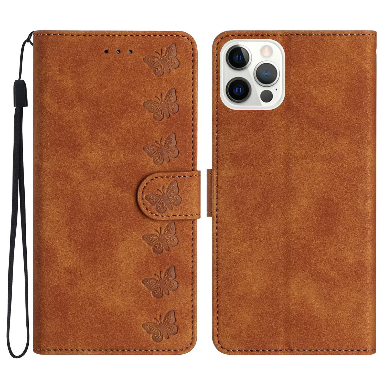 

For iPhone 12 Pro Max 6.7 inch Butterfly Imprinted Phone Case Folding Stand Leather Wallet Cover Brown