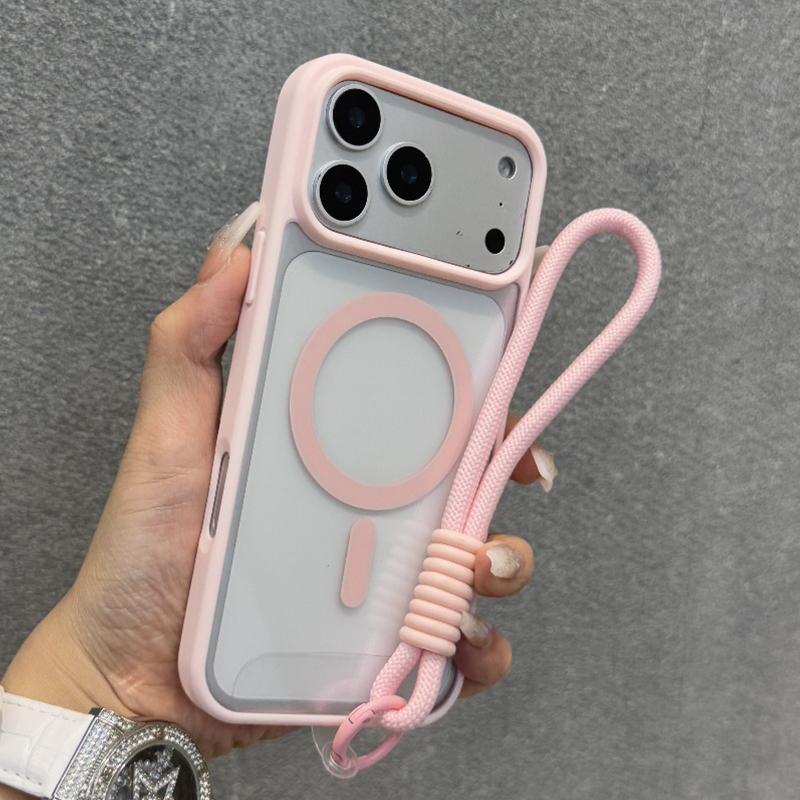 Luxusní magnetický kryt pro Magsafe pro iPhone 17 16 15 14 12 13 Pro Max 16 Plus 17Pro Air s řemínkem na ruku/zápěstí Průhledný zadní kryt