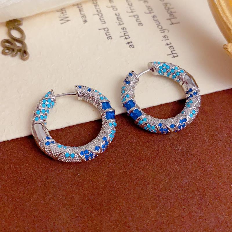 French Retro Blue Geometric Circle Ear Cuffs - Elegant Ethnic Style Statement Earrings