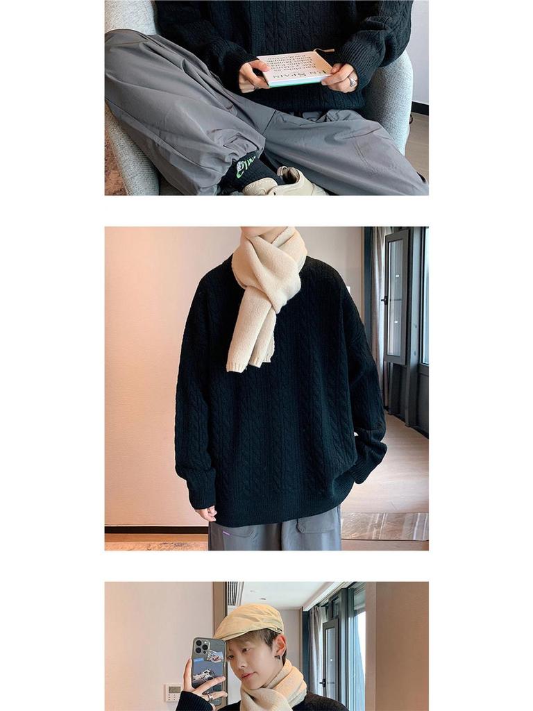 Men's Loose Fit Cable Knit Crew Neck Sweater - Retro Hong Kong Style Autumn/Winter Knitwear