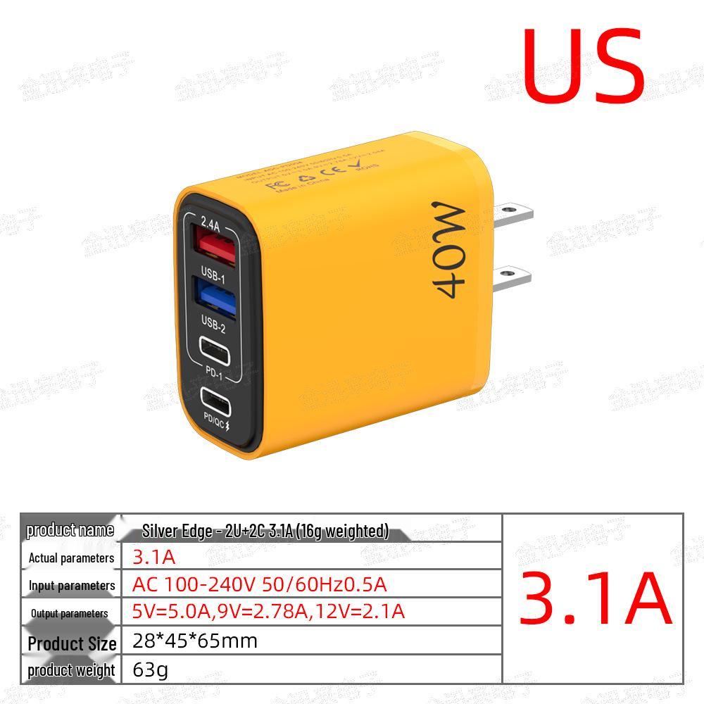 40W Multi-port Charger with 2 USB & 2 PD Ports, EU/US/UK Plug Adapter