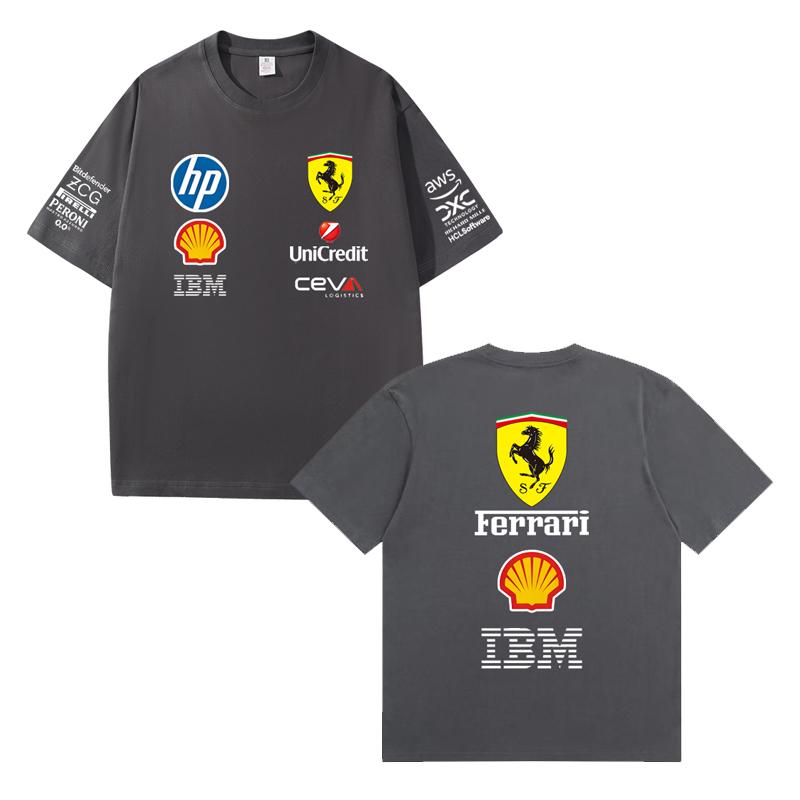Herren und Damen Oversize Ferrari F1 Renn T-Shirt Klassischer Sponsoren Logo Druck Kurzarm Motorsport Lässig Streetwear Tee