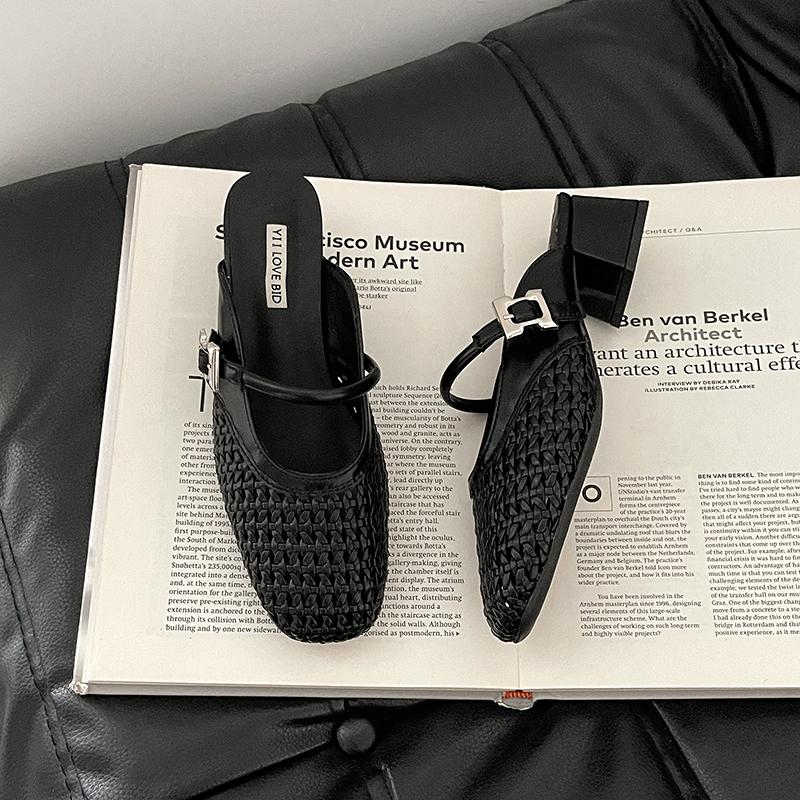 Fashion Retro Style Summer Cover Toe Women Mules Slippers Elegant Ladies Outdoor Thick Heel Dress Slides Shoes