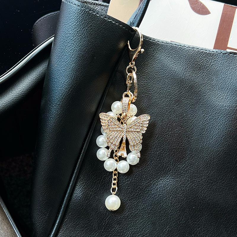 Bag Charm Sparkling Rhinestone Butterfly Key chains With Pearl Chain Women Lovely Bag Pendant  Accessories Gift