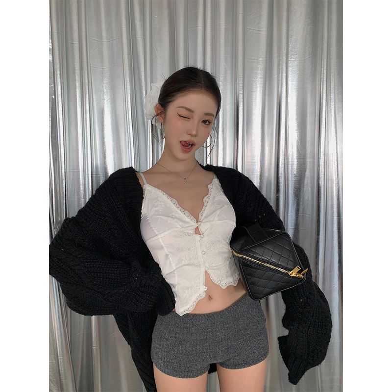 

Not Cold Buleng Fashion Wind Lace Patchwork V-neck Single Breasted Camisole Women s Silm Slim Looking Sexy Tops White Vest S