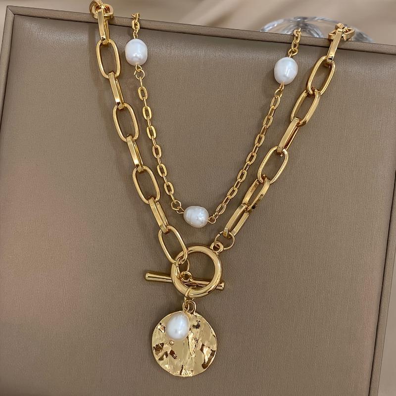 Chunky Golden Zinc Alloy Necklace with Faux Pearl and Round Charm, for Women 14+ Years Old