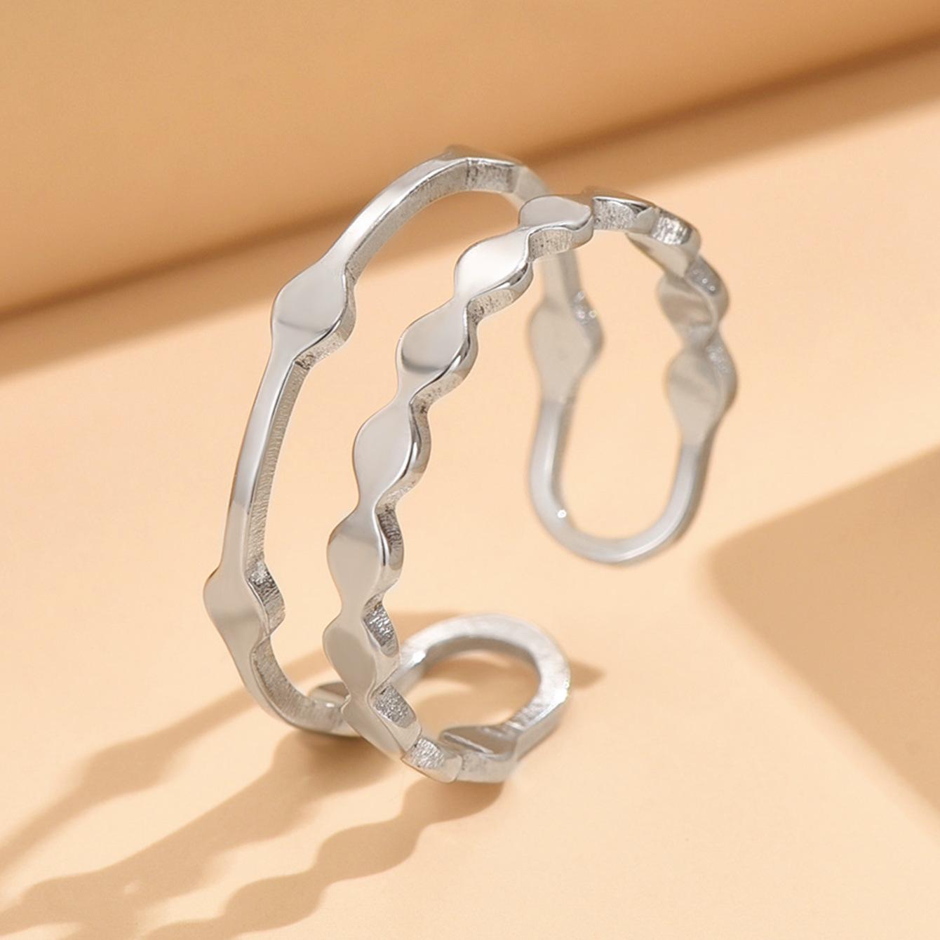 European  American Geometric Double Row Polka Dot Adjustable Stainless Steel Ring