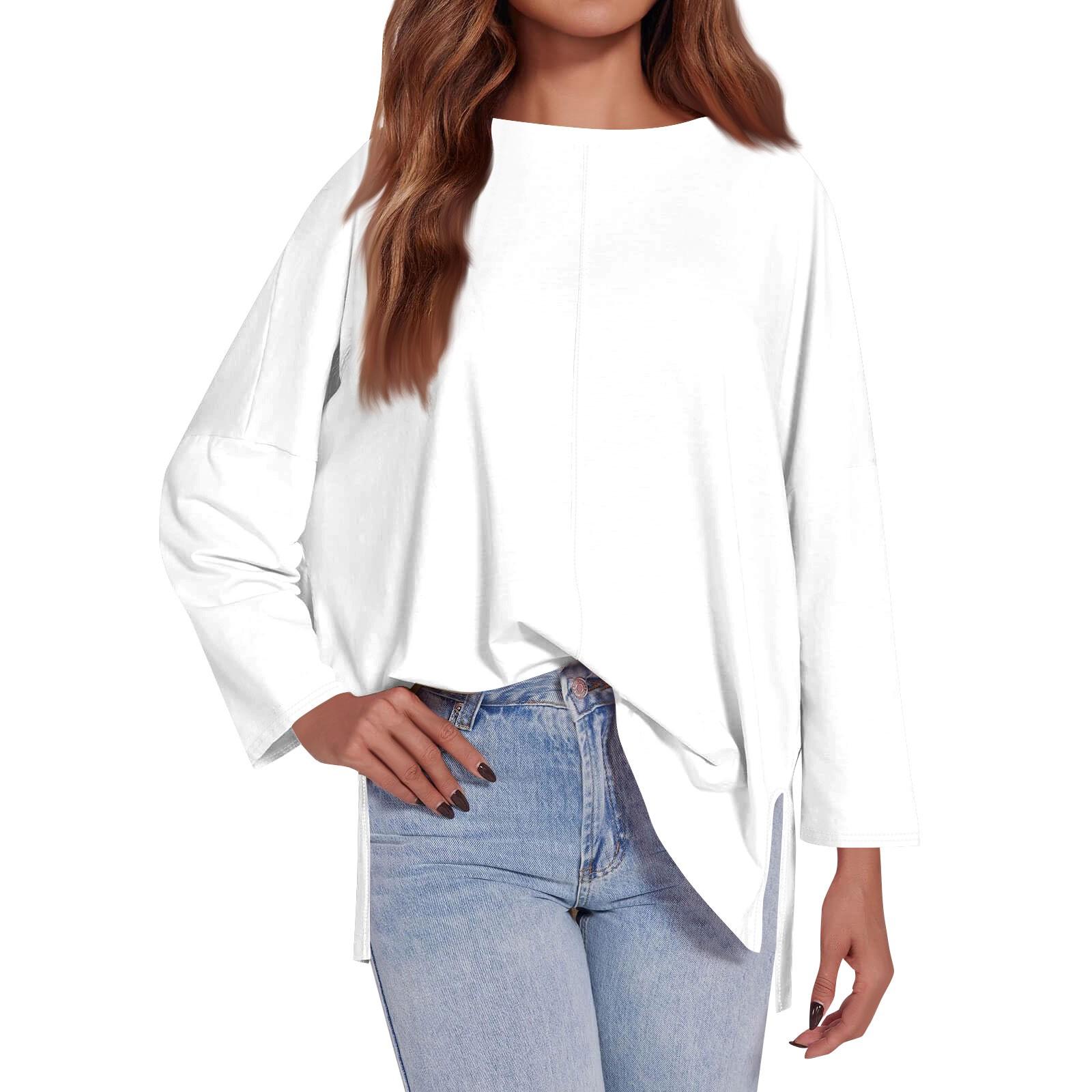 

Женская модная свободная футболка большого размера с круглым вырезом и длинным рукавом, повседневная, с боковыми разрезами, однотонный топ XL белый