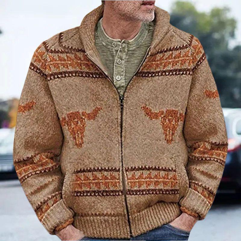 

New Foreign Trade Men s Clothing, Bull Head Jacquard Zipper Knit Sweater Jacket, Autumn and Winter Thick Knit Sweater for Men Sy0053 Khaki 3 XL
