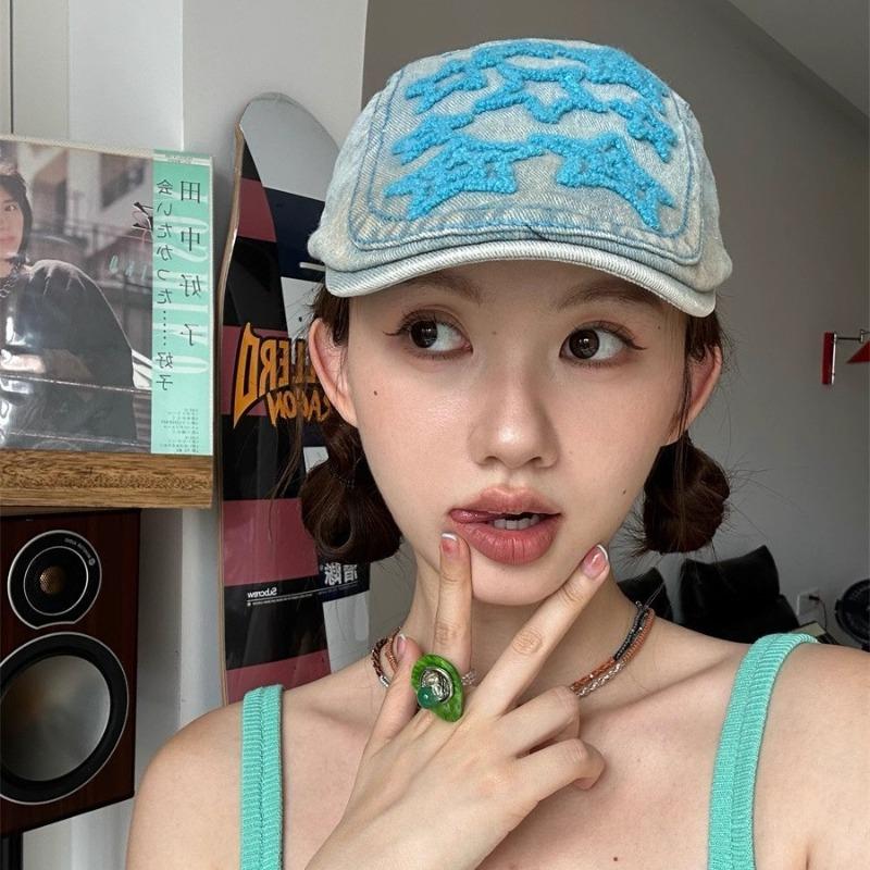 Vintage star washed denim forward hat female versatile reverse beret big head circumference hat spring and autumn