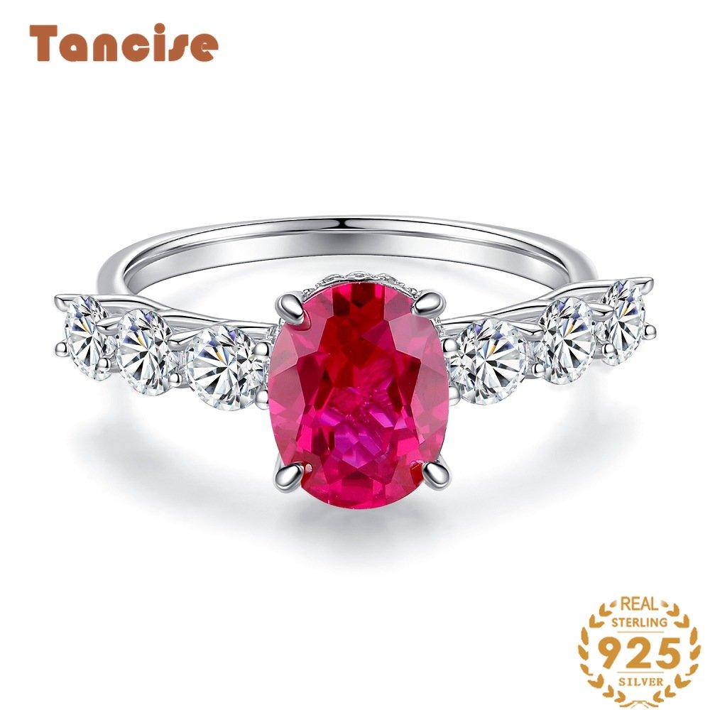 Tancise Anello in argento sterling con rubino 7 * 9 Anello da donna con diamante pieno in argento S925 con diamante ad alto tenore di carbonio_voghion.com