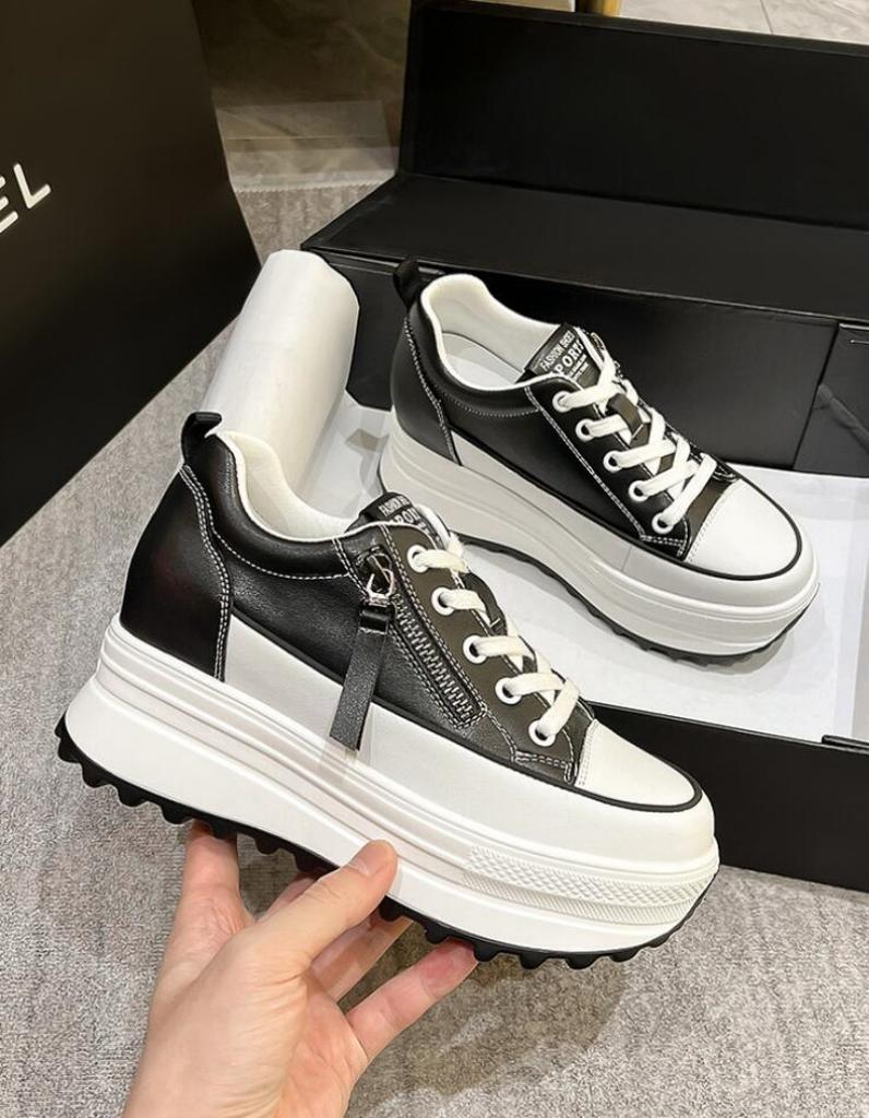 New 8.5 Cm Genuine Leather Women Platform Shoes Wedge Sneakers Lace Up Sneakers   Spring Summer Fashion Shoes