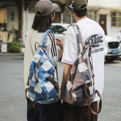 Denim Color Block Women Backpack Men Plaid Backpacks Large Capacity Shoulder Bag Student Schoolbag