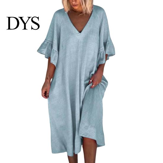 V Neck Midi Dress Summer Women Ruffle Patchwork Cuffs Loose Solid Color A-line Big Swing Half Horn Sleeves Casual Pullover Daily Wear Ruffled