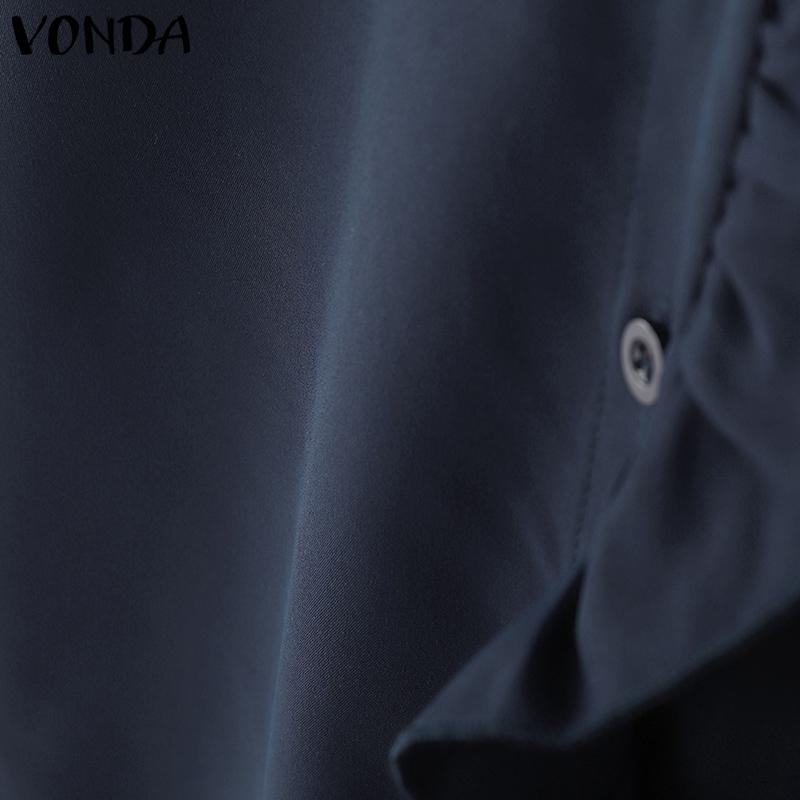 VONDA Women Ruffled Stand Neck Short Sleeve Buttons Up Casual Blouse
