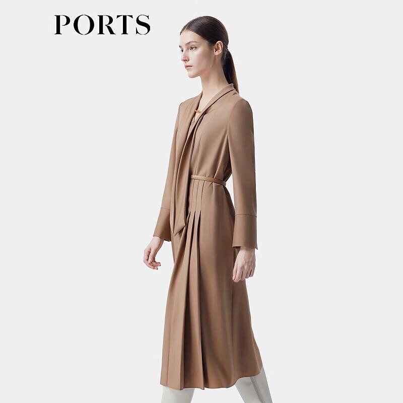 PORTS Women's Lion's Mane Brown Tie-Neck Pleated Wool Dress