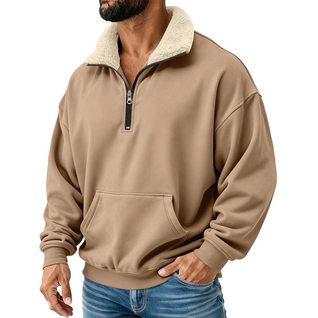 Men's Solid Color Half-Zip Stand Collar Plush Sweatshirt Men's Sports Plus Size Casual Sweatshirt