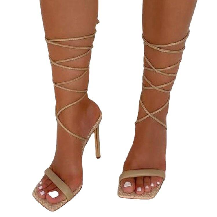Dámské sandály na vysokém podpatku s pásky kolem kotníku, jehlový podpatek, evropský a americký velký rozměr, módní sandály s otevřenou špičkou, podpatky
