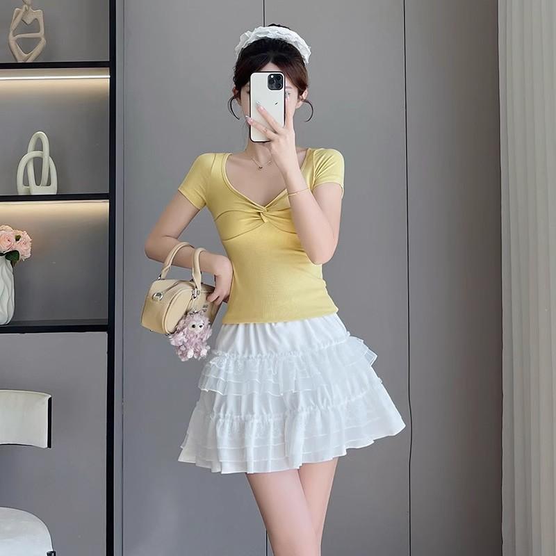 Women High Waist A-line Puffy Tiered Skirt Lace Ruffle Anti-light Princess Mini Skirt Summer 2025