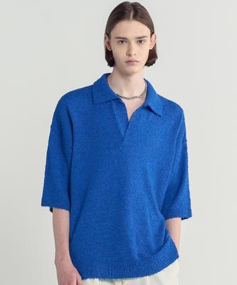 BLOND9 Tail Yarn Open Collar Short Sleeve Knit_Blue