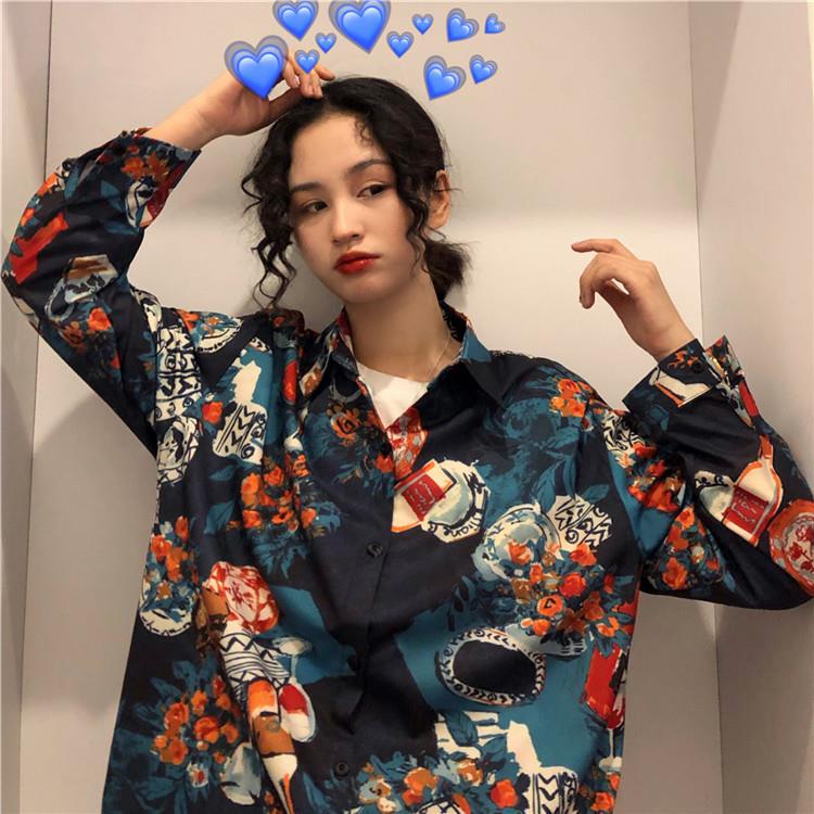 

Harajuku Cat Блузка Весна с длинным рукавом отложным воротником Винтажная рубашка Свободные блузки Модные блузки S