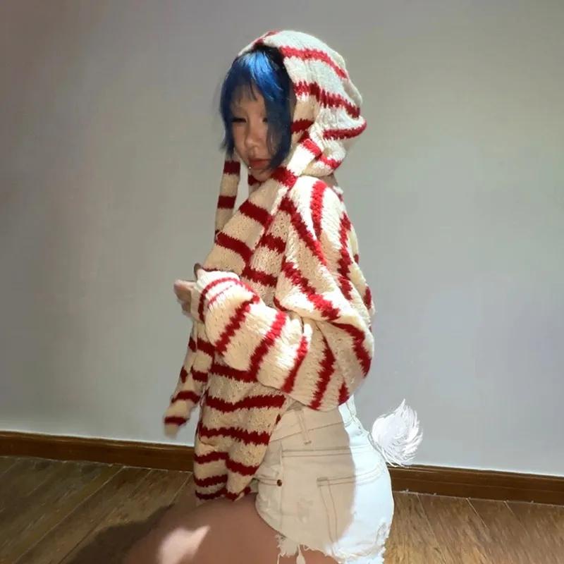 

Японский кардиган с капюшоном в стиле Y2k 2000-х годов, эстетика, кроличьи уши, на молнии, вязаный, винтажный, Харадзюку, свитер с красной полоской, гранж XL