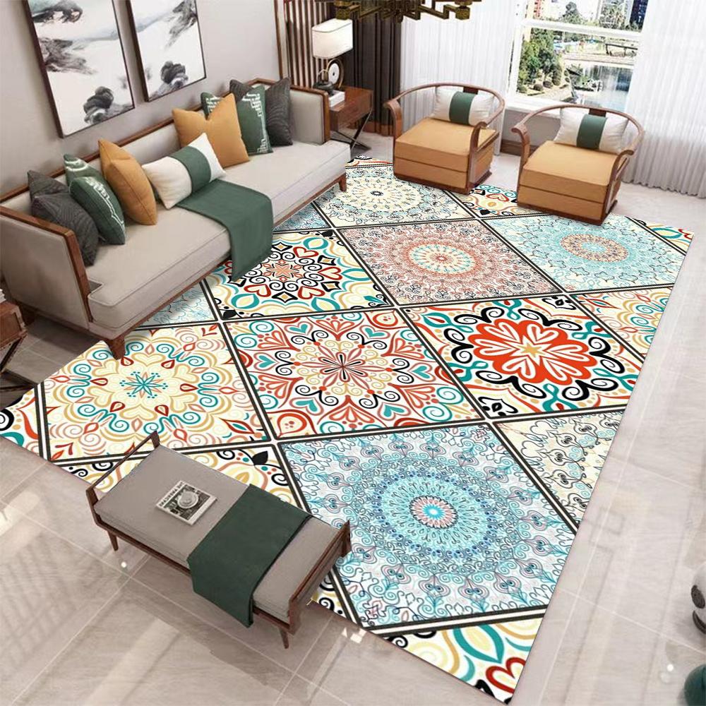 Bohemian Mandala Floral Carpet With Colorful Geometric Collage Design Retro Art Style NonSlip Rug For Living Room Sofa Area