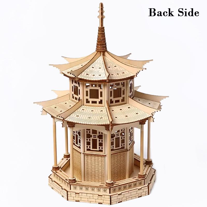 3D Wooden Puzzle Chinese Traditional Building Octagonal Pavilion DIY Assembly Kits Model Desktop Game Toys for Children Adults