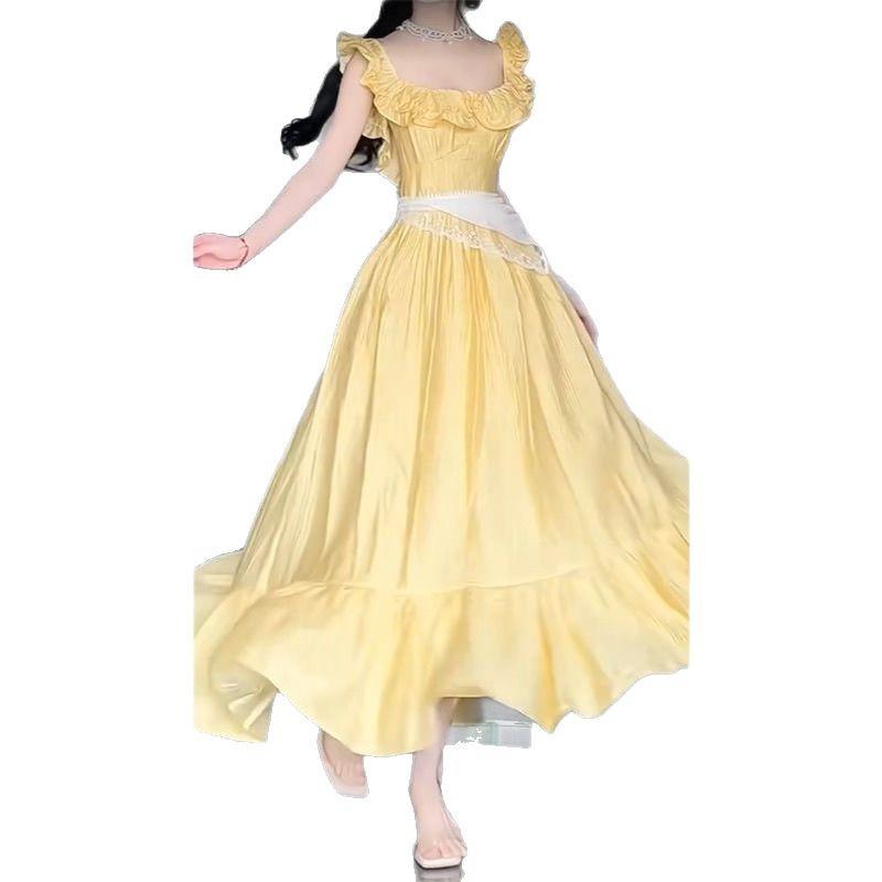 Summer Small Yellow Flower French Square Neck Fungus Edge Waist Skinny Long Skirt Vacation Dating Dress Women