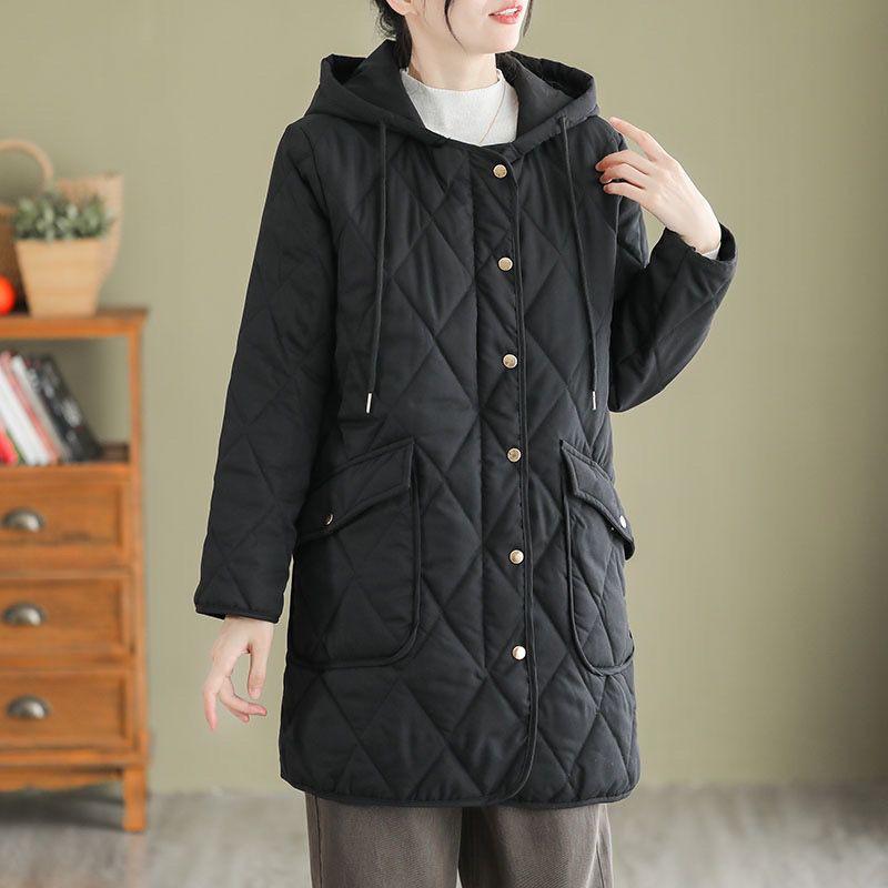 New Women's Diamond Check Down Cotton Coat Loose Casual Hooded Parker Outerwear Long Autumn Winter Female Warm Padded Jacket