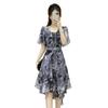 Printed V-neck chiffon dress, strap waist irregular skirt, daily commuting temperament medium and long skirt children