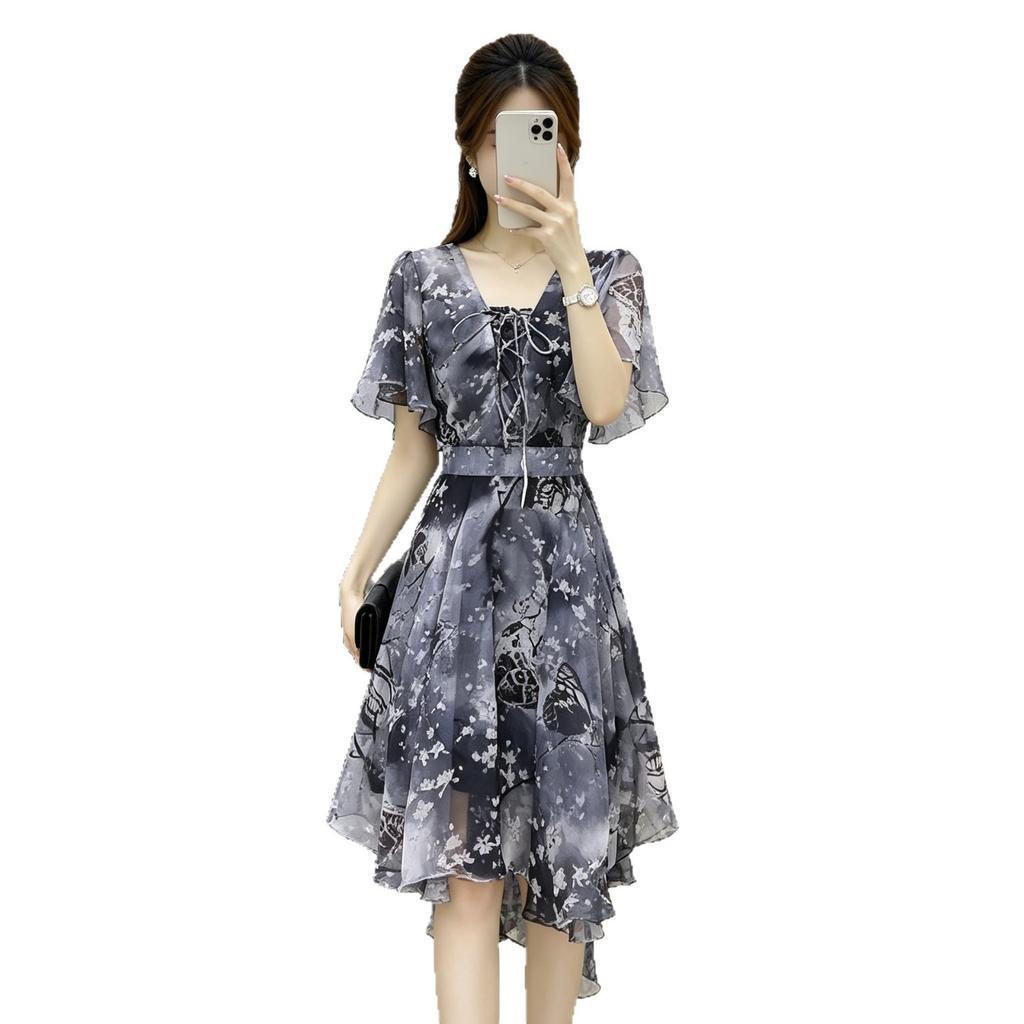 Printed V-neck chiffon dress, strap waist irregular skirt, daily commuting temperament medium and long skirt children