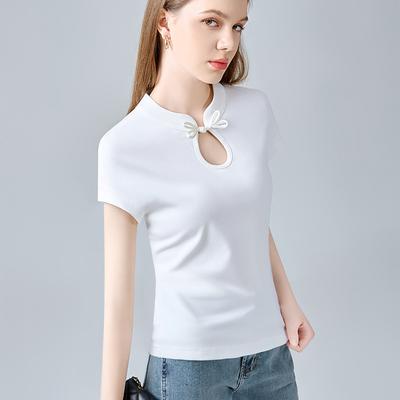 Chinese Short-sleeved T-shirt for Women's New Chinese Style Women's Retro Buttoned Hollow T-shirt Waist-receiving Water Drop Collar Top