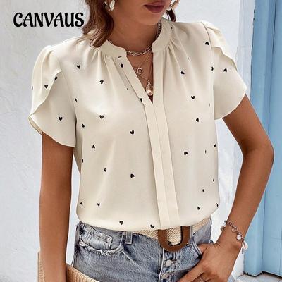 Women's Summer Shirt V-neck Love Petal Sleeve Blouse Temperament Short Sleeve Top