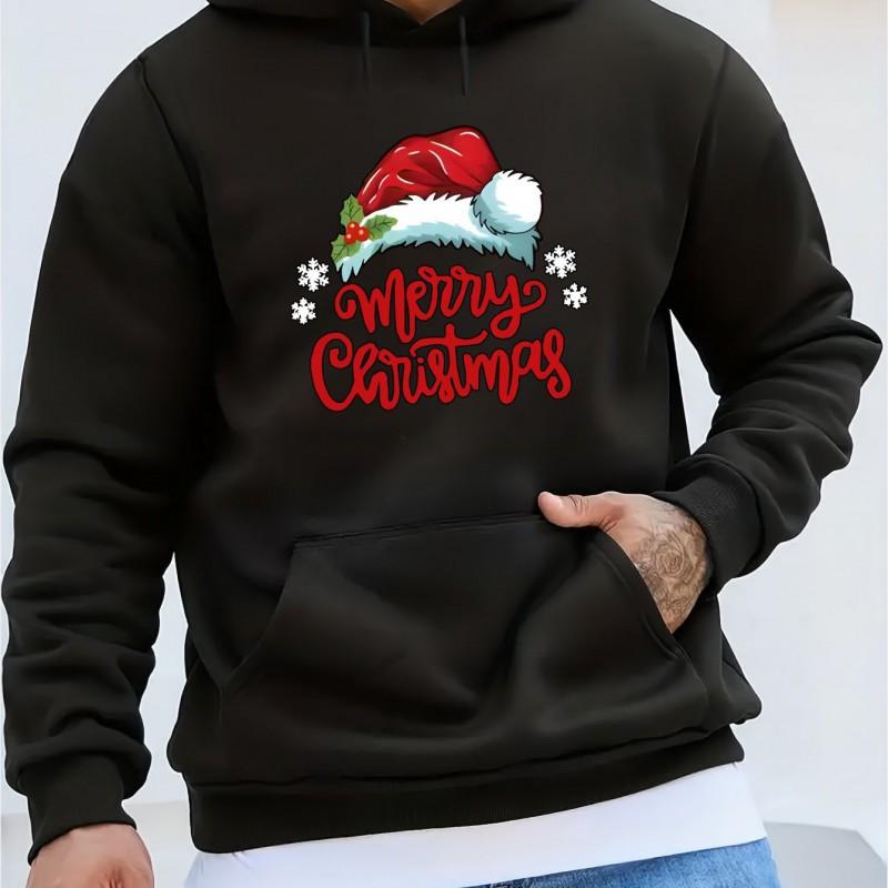 Men Christmas Hat Print Hoodie Warm Casual Streetwear Long Sleeve Pullover Winter Top