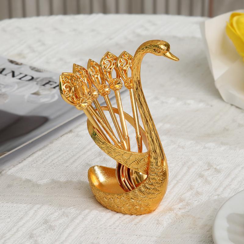 Elegant Metal Swan Spoon Set With Stand Tableware For Fruit Dessert Coffee Home Decoration Practical Cutlery Set For Daily