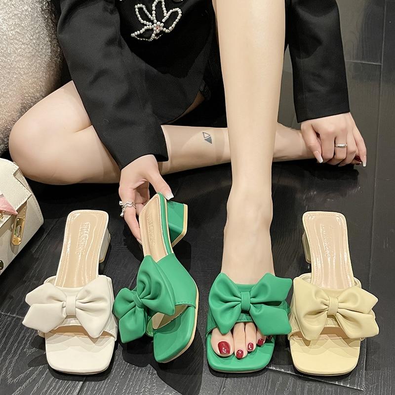 Classic Women Slippers Slides Mules Square Mid Heels Shoes Woman Solid Butterfly Knot Summer Slippers Plus Size