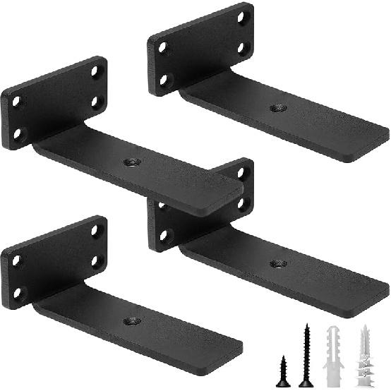 HITOMEN Heavy Duty Floating Shelf Brackets, 4-Inch (1/5 Thick) Hidden Shelves Hardware, Iron L Brackets, Rustic Industrial Black Metal Wall 4 Inch