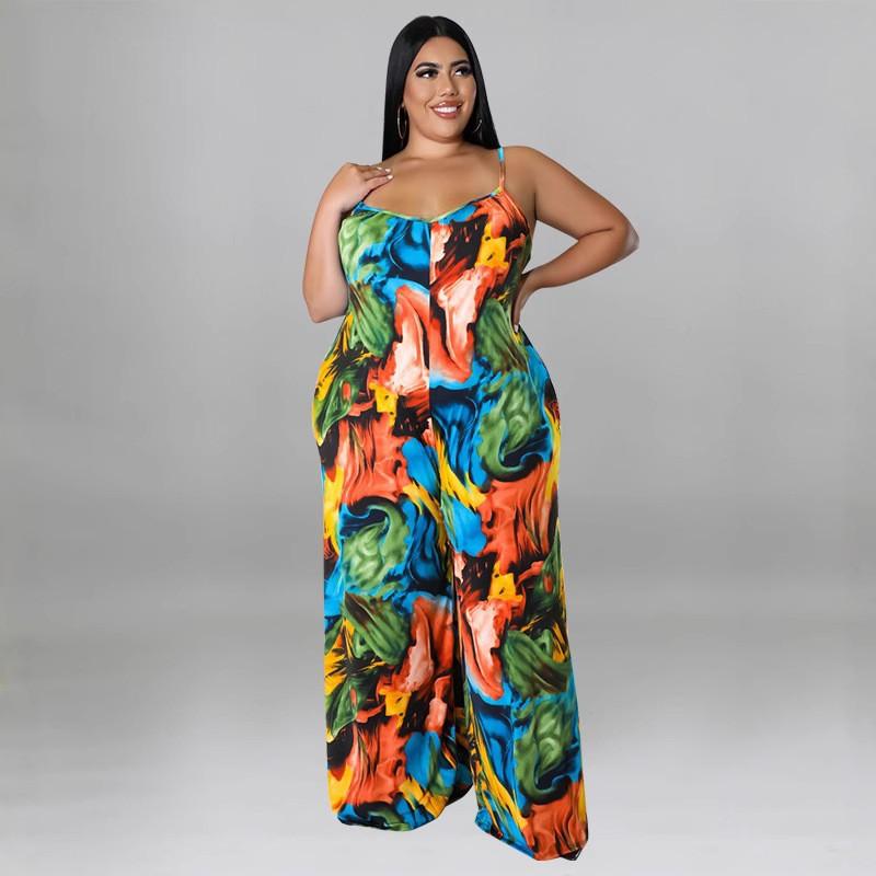 MY912 Plus Size Womens Sleeveless Printed Jumpsuit With Belt Soft Milk Silk Fabric 2025 Collection Straight Leg Sweet Gentle Style Casual Wear