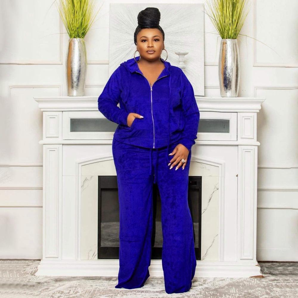 Plus Size Velvet Women's Two 2 Piece Set Outfits Fashion Curve Straight Pants Suit and Track Jacket Street Tracksuit