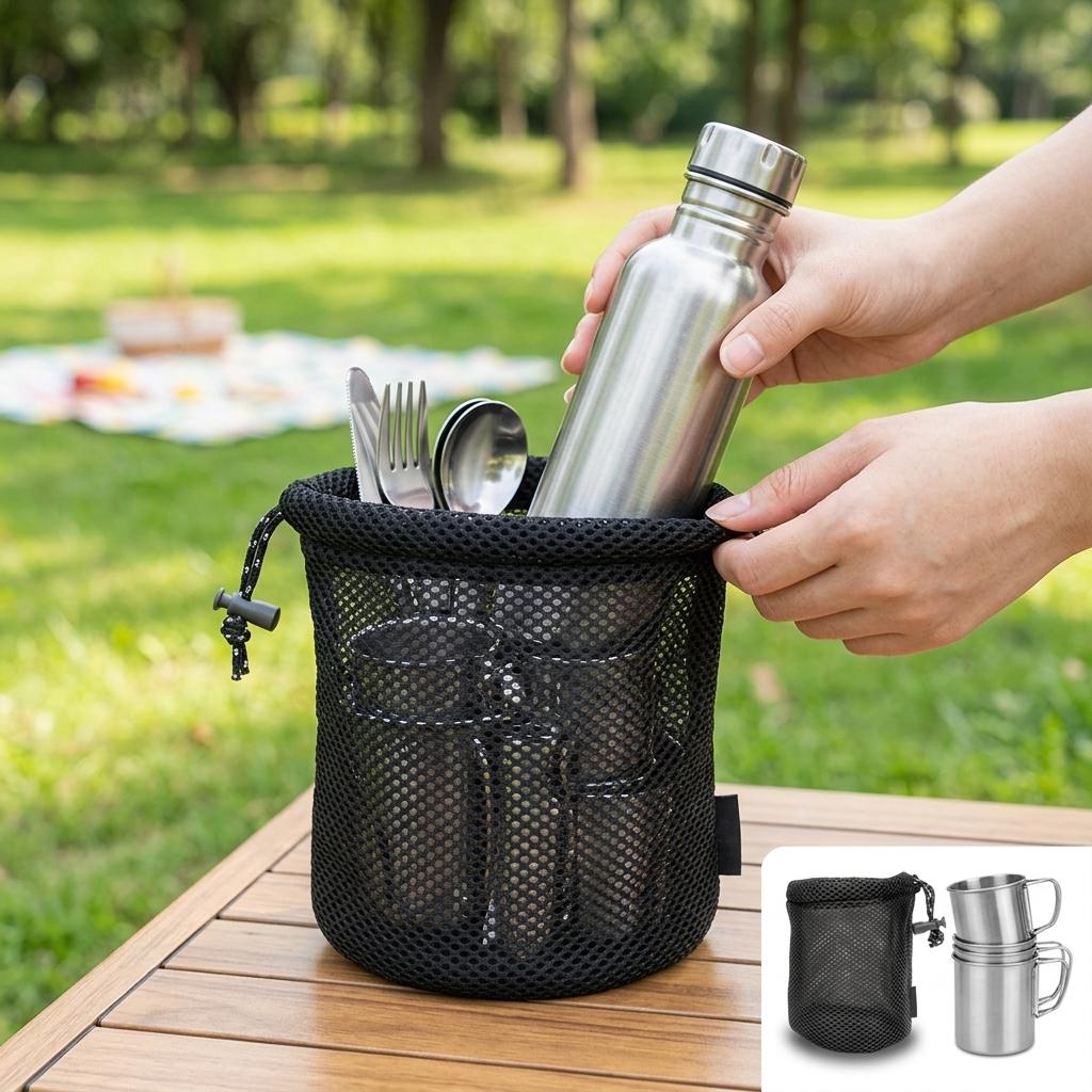 Camping Mesh Storage Bag Round Bottom Waterproof Breathable Nylon for Cups Utensils Outdoor Hiking Picnic Durable Organizer