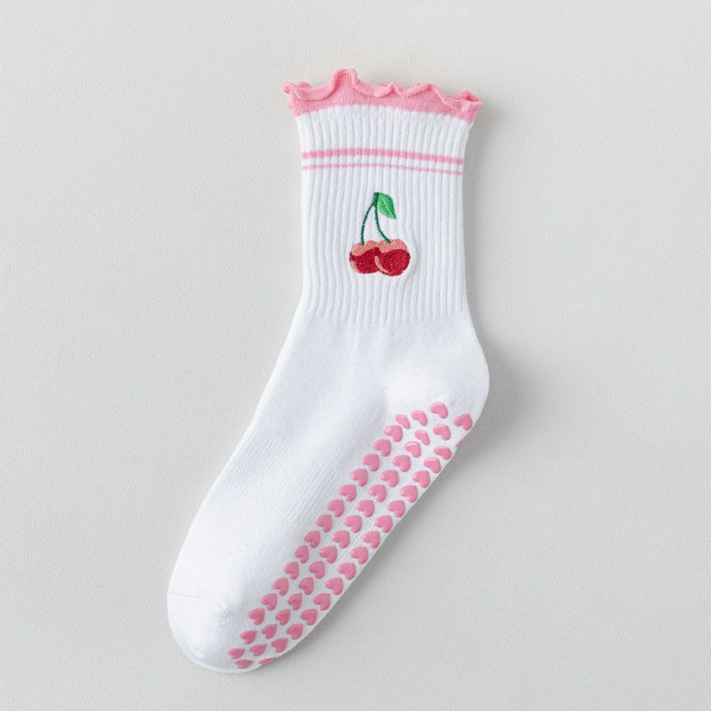 Breathable Yoga Socks Cotton Cherry Embroidery Socks New Mid Tube Socks