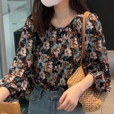 Modisches, Frisches Chiffon-Blumenhemd mit langen Ärmeln für Damen, Frühling und Sommer, Neues lässiges lockeres Oberteil mit Puffärmeln, Trendig